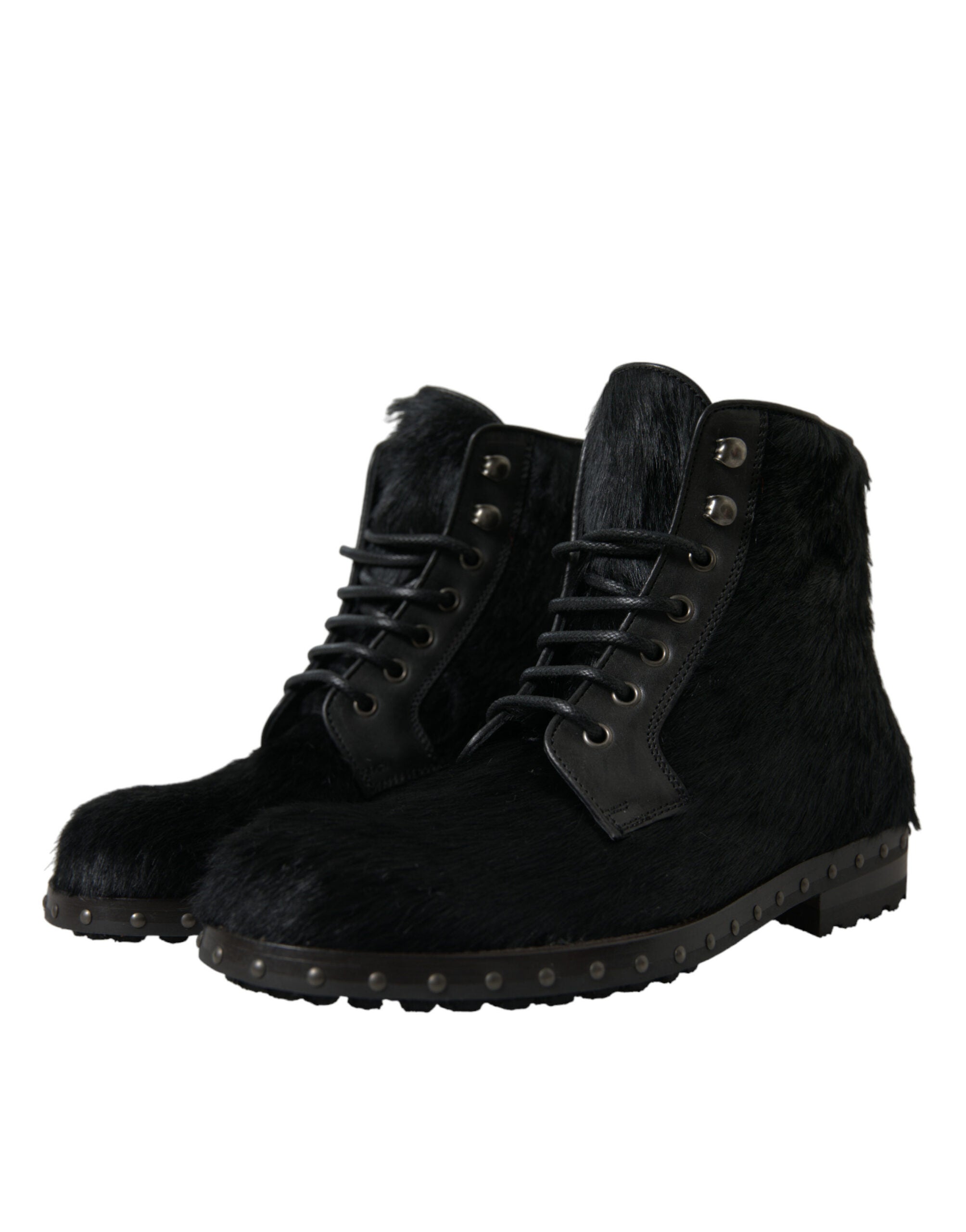 Dolce & Gabbana Black Pony Style Leather Mid Calf Boots Men's Shoes