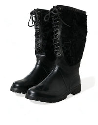 Dolce & Gabbana Black Rubber Lace Up Shearling Rain Boots Men's Shoes