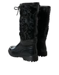 Dolce & Gabbana Black Rubber Lace Up Shearling Rain Boots Men's Shoes