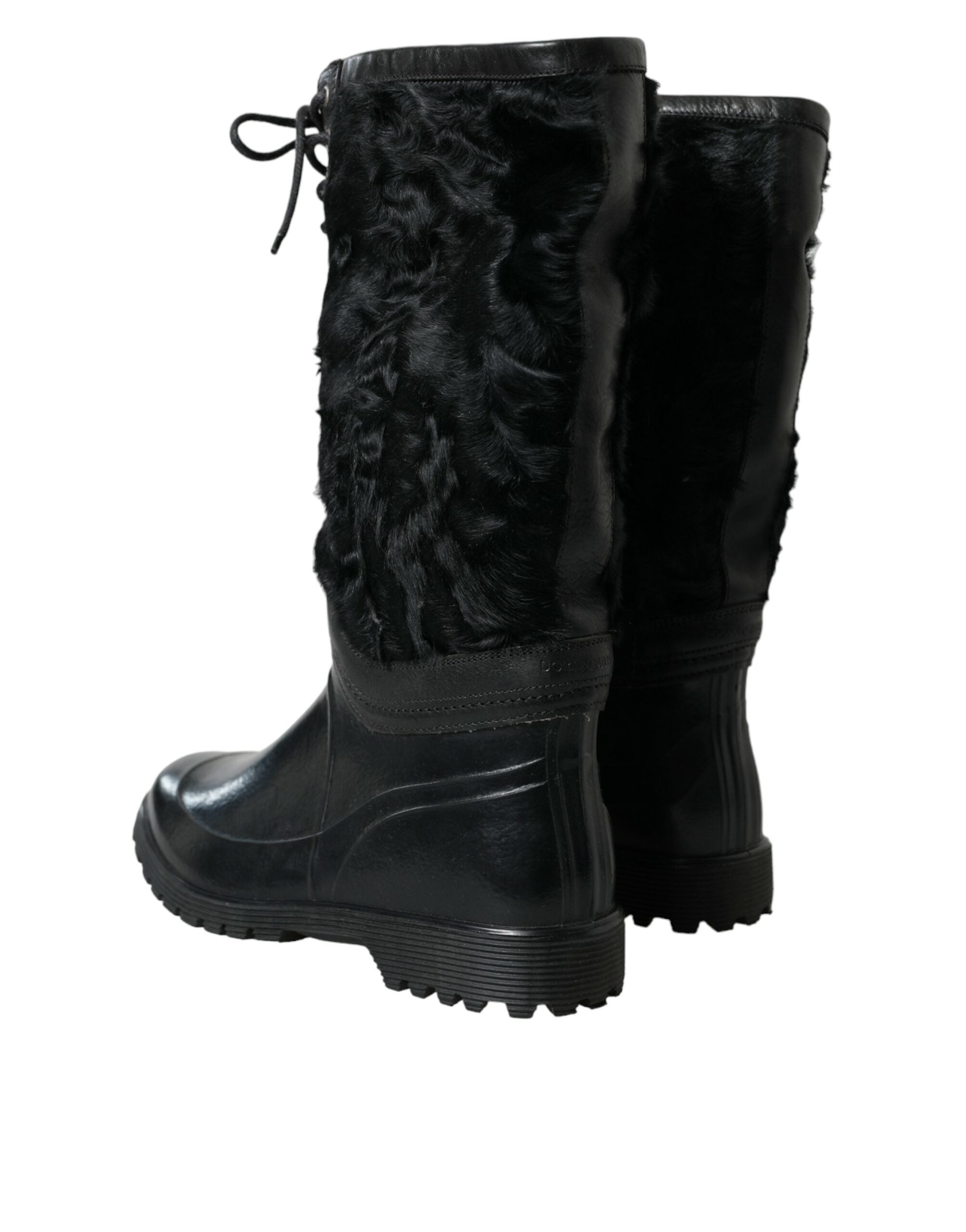 Dolce & Gabbana Black Rubber Lace Up Shearling Rain Boots Men's Shoes
