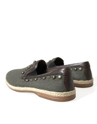 Dolce & Gabbana Gray Linen Leather Studded Loafers Men's Shoes