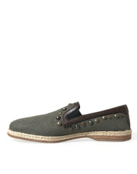 Dolce & Gabbana Gray Linen Leather Studded Loafers Men's Shoes