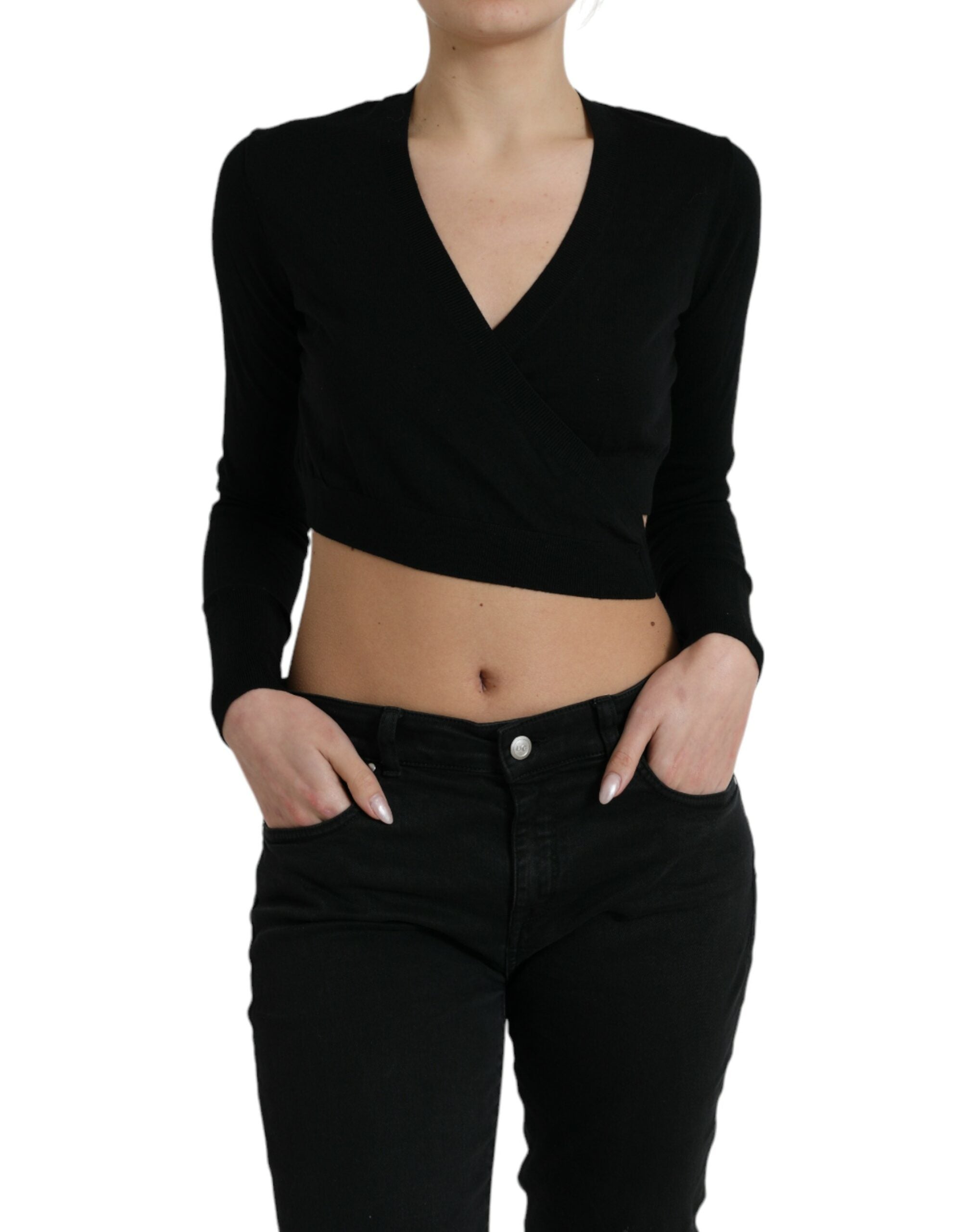 Dolce & Gabbana Black Wool V-neck Crossed Cardigan Women's Sweater