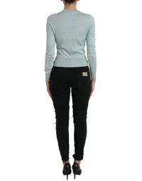 Dolce & Gabbana Light Blue Silk Crew Neck Cardigan Women's Sweater