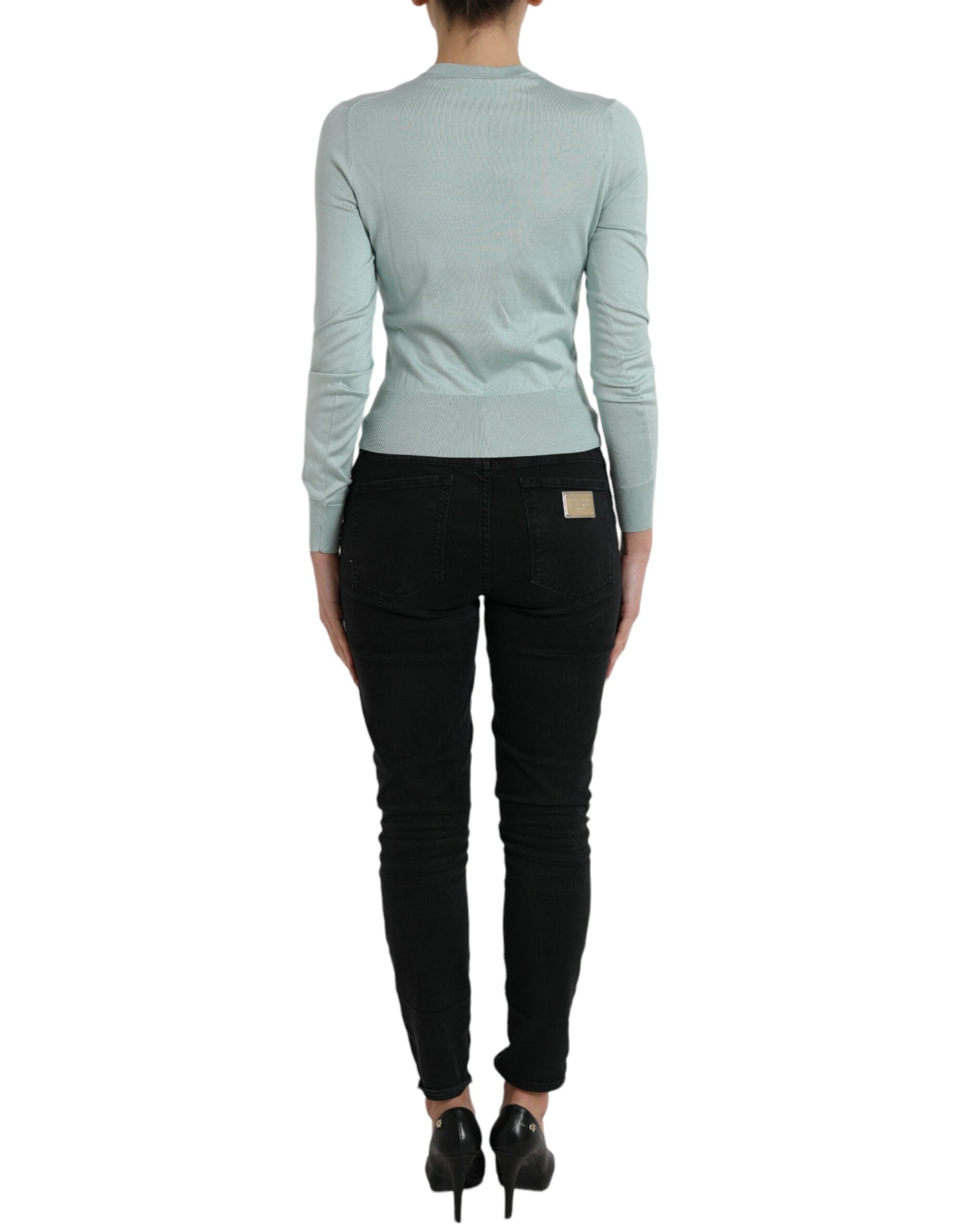 Dolce & Gabbana Light Blue Silk Crew Neck Cardigan Women's Sweater