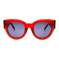 Celine Round Full Rim, with a Transparent Red frame and Blue lens.