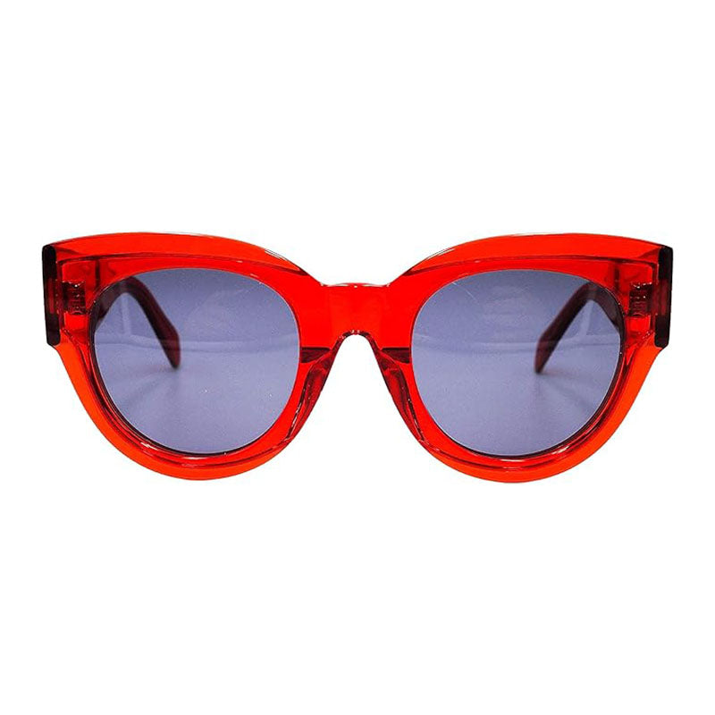 Celine Round Full Rim, with a Transparent Red frame and Blue lens.