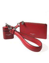 Dolce & Gabbana Dolce & Gabbana Red Leather Silver Metal Logo Strap Pouch Airpods Men's Case