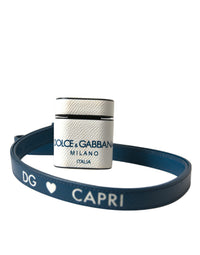 Dolce & Gabbana Dolce & Gabbana White Blue Calf Leather Logo Print Strap Airpods Women's Case