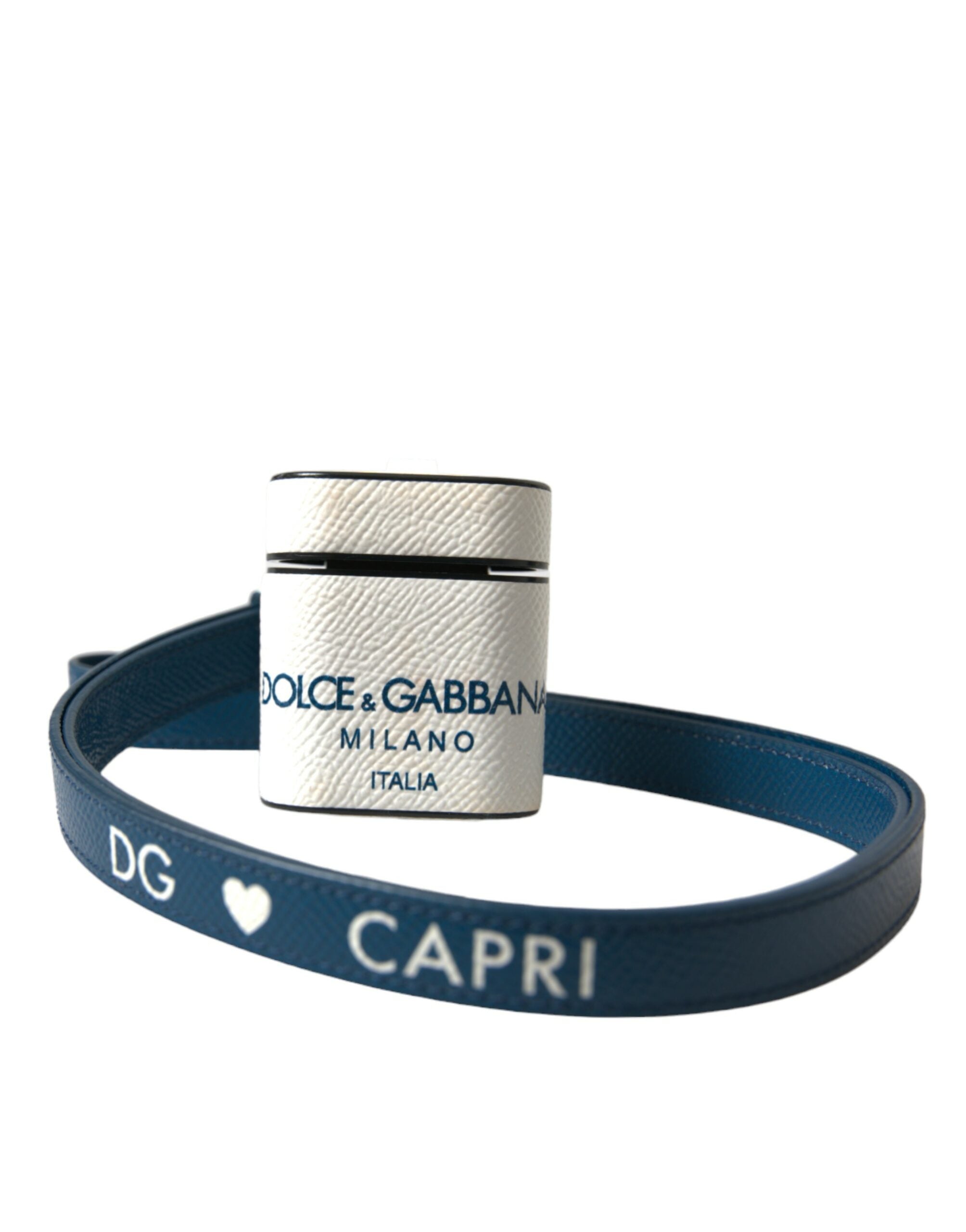 Dolce & Gabbana Dolce & Gabbana White Blue Calf Leather Logo Print Strap Airpods Women's Case