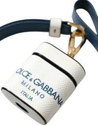 Dolce & Gabbana Dolce & Gabbana White Blue Calf Leather Logo Print Strap Airpods Women's Case