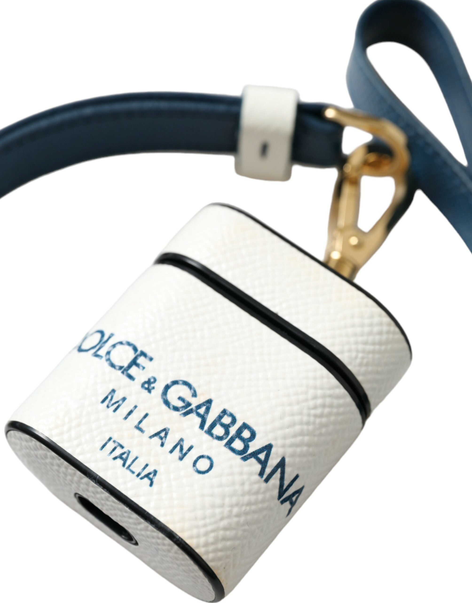 Dolce & Gabbana Dolce & Gabbana White Blue Calf Leather Logo Print Strap Airpods Women's Case