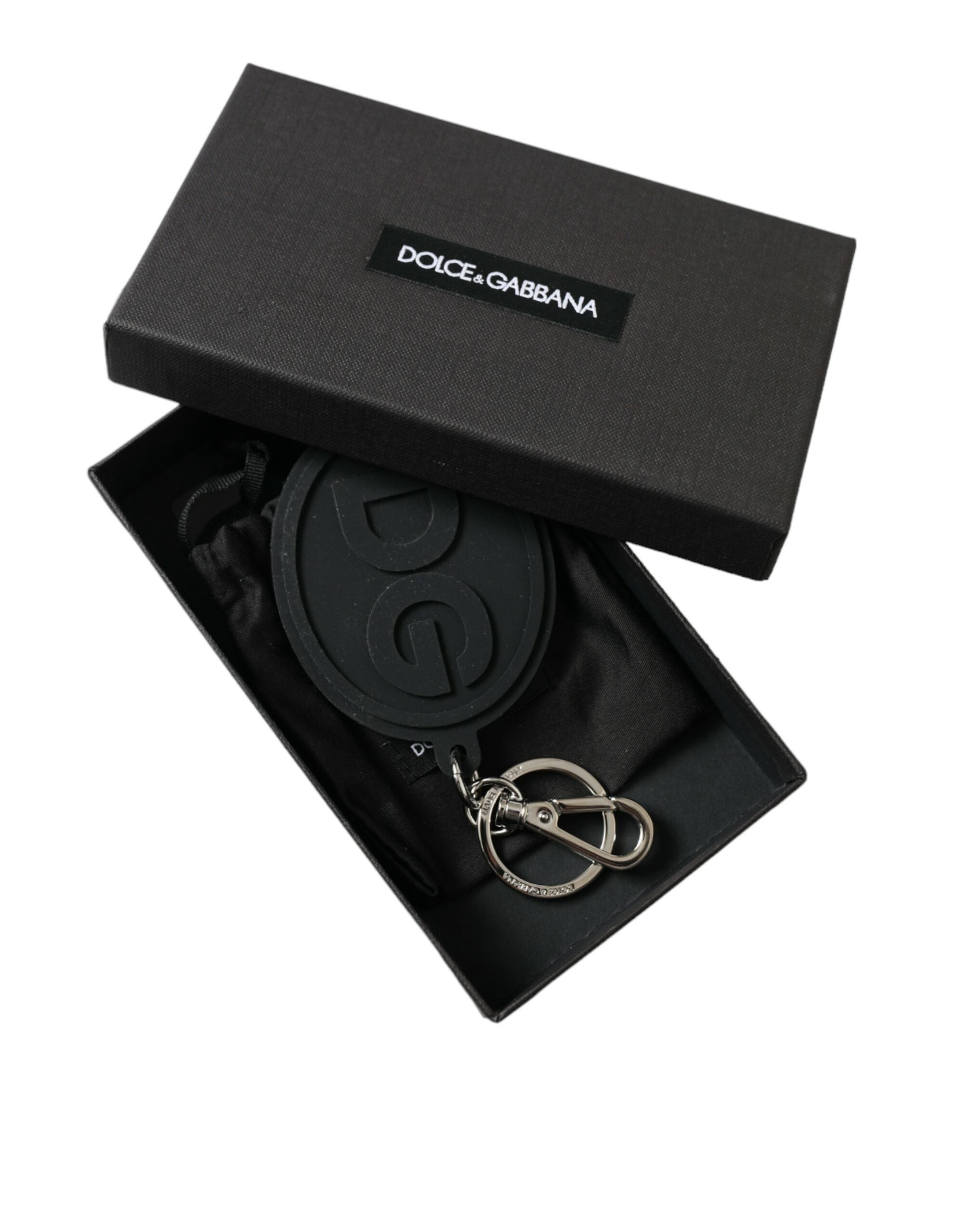 Dolce & Gabbana Dolce & Gabbana Black Rubber DG Logo Silver Brass Metal Keyring Women's Keychain