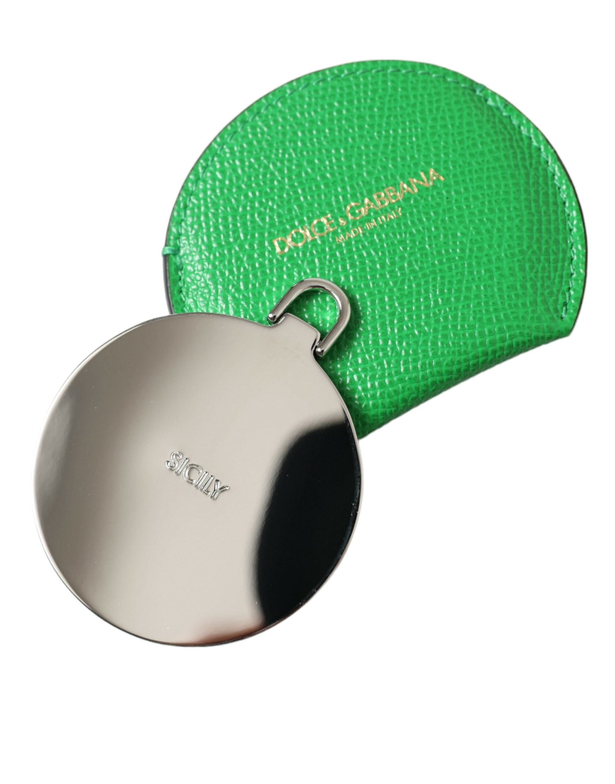 Dolce & Gabbana Dolce & Gabbana Green Calfskin Leather Round Logo Hand Mirror Women's Holder