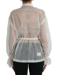 Dolce & Gabbana White Silk Long Sleeves Ascot Collar Women's Top