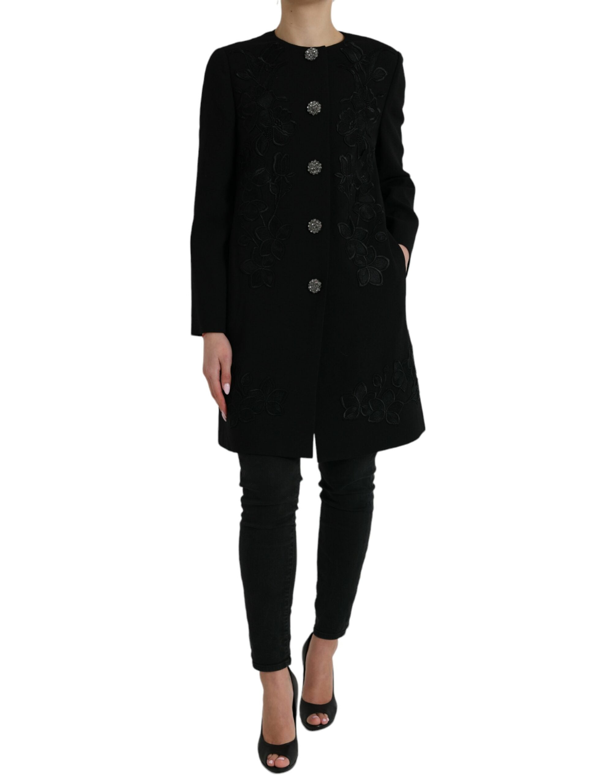 Dolce & Gabbana Dolce & Gabbana Black Floral Wool Button Embellished Women's Jacket