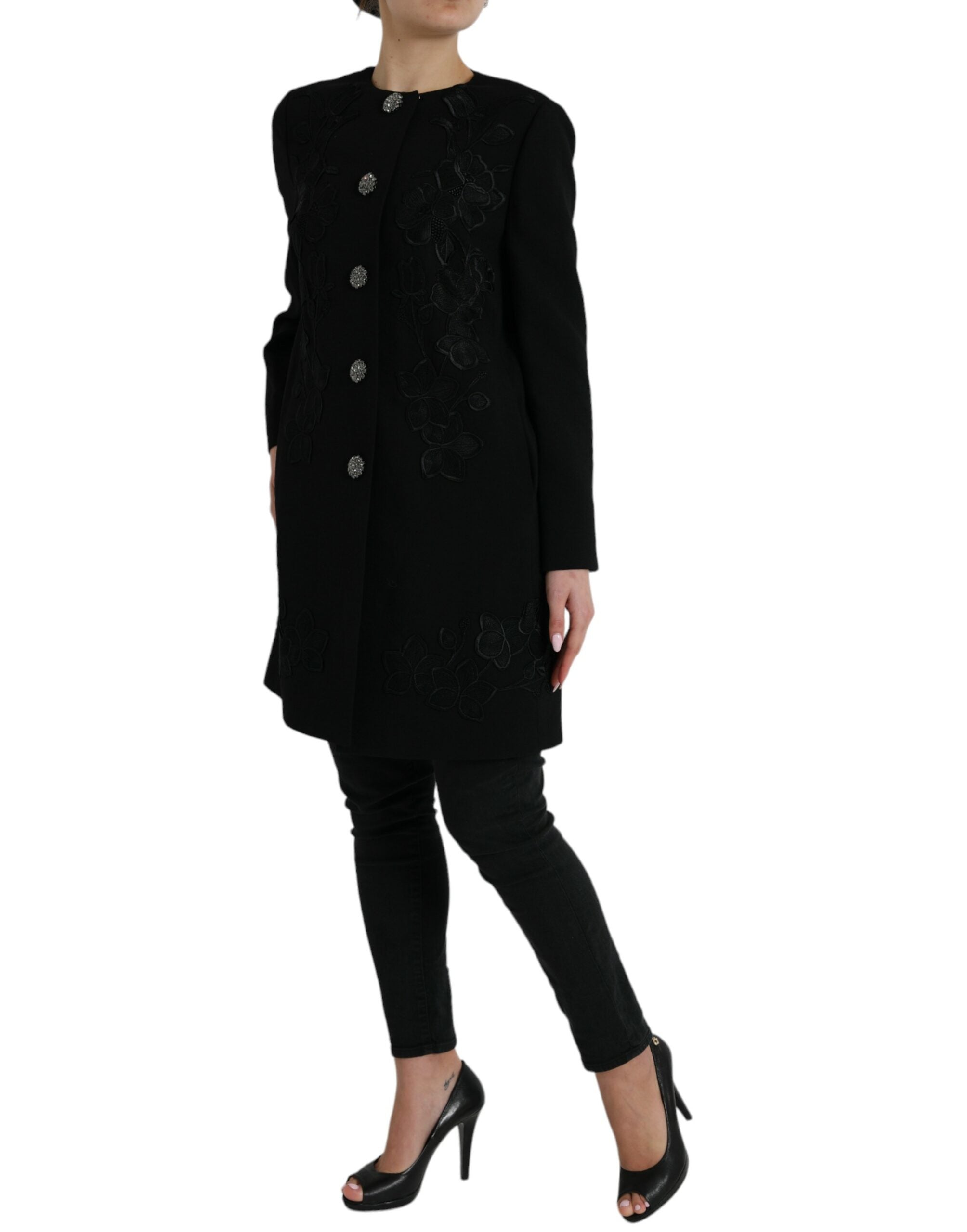Dolce & Gabbana Dolce & Gabbana Black Floral Wool Button Embellished Women's Jacket