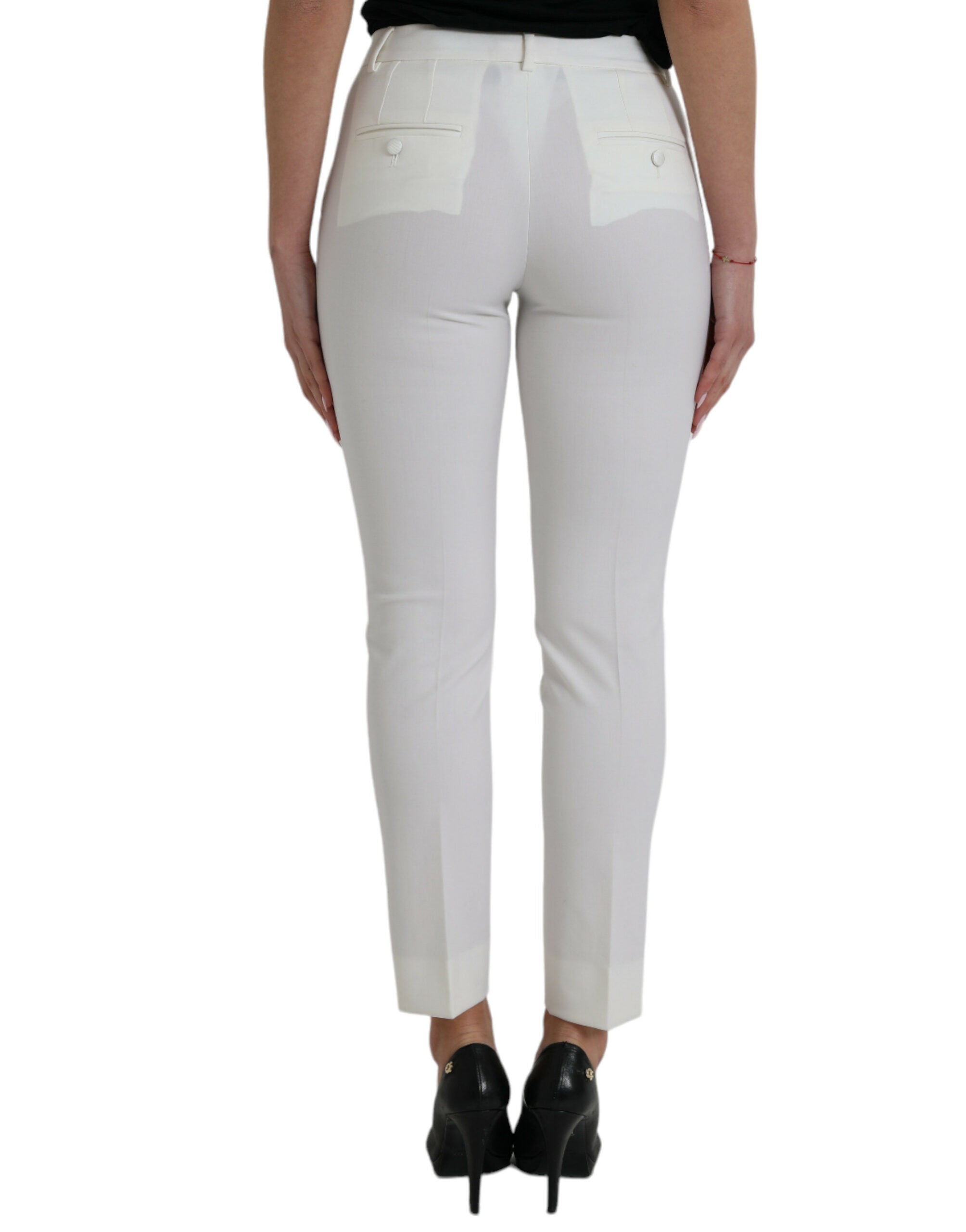 Dolce & Gabbana White Wool Mid Waist Tapered Women's Pants