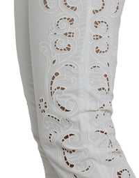 Dolce & Gabbana White Cut Out Cotton Mid Waist Cropped Women's Pants