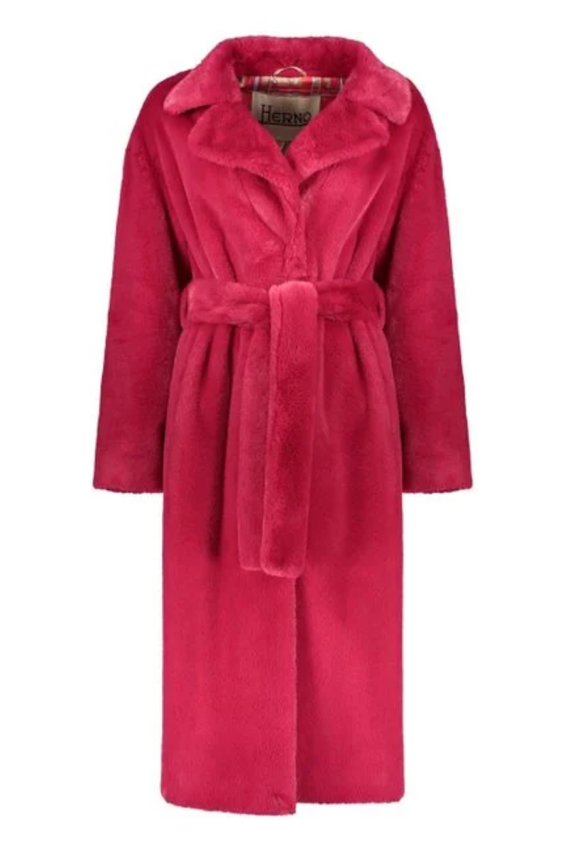 HernoWomen's Red Vegan Fur Lapel Collar Waist Belt Coat