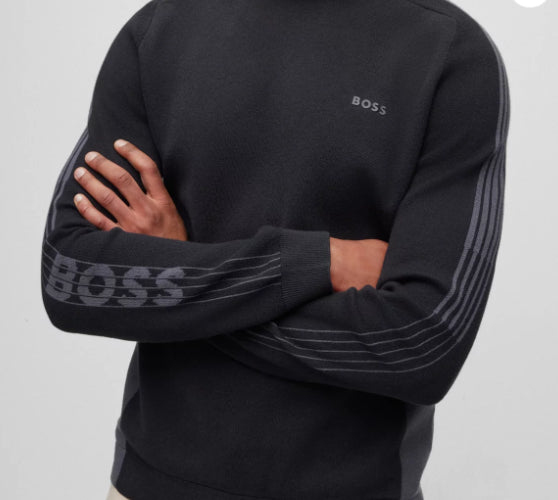 Hugo Boss Men's Rinos Black Cotton Sweater with Logo Detail on Sleeves2