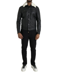 Dolce & Gabbana Black Leather Fur Collar Biker Coat Men's Jacket