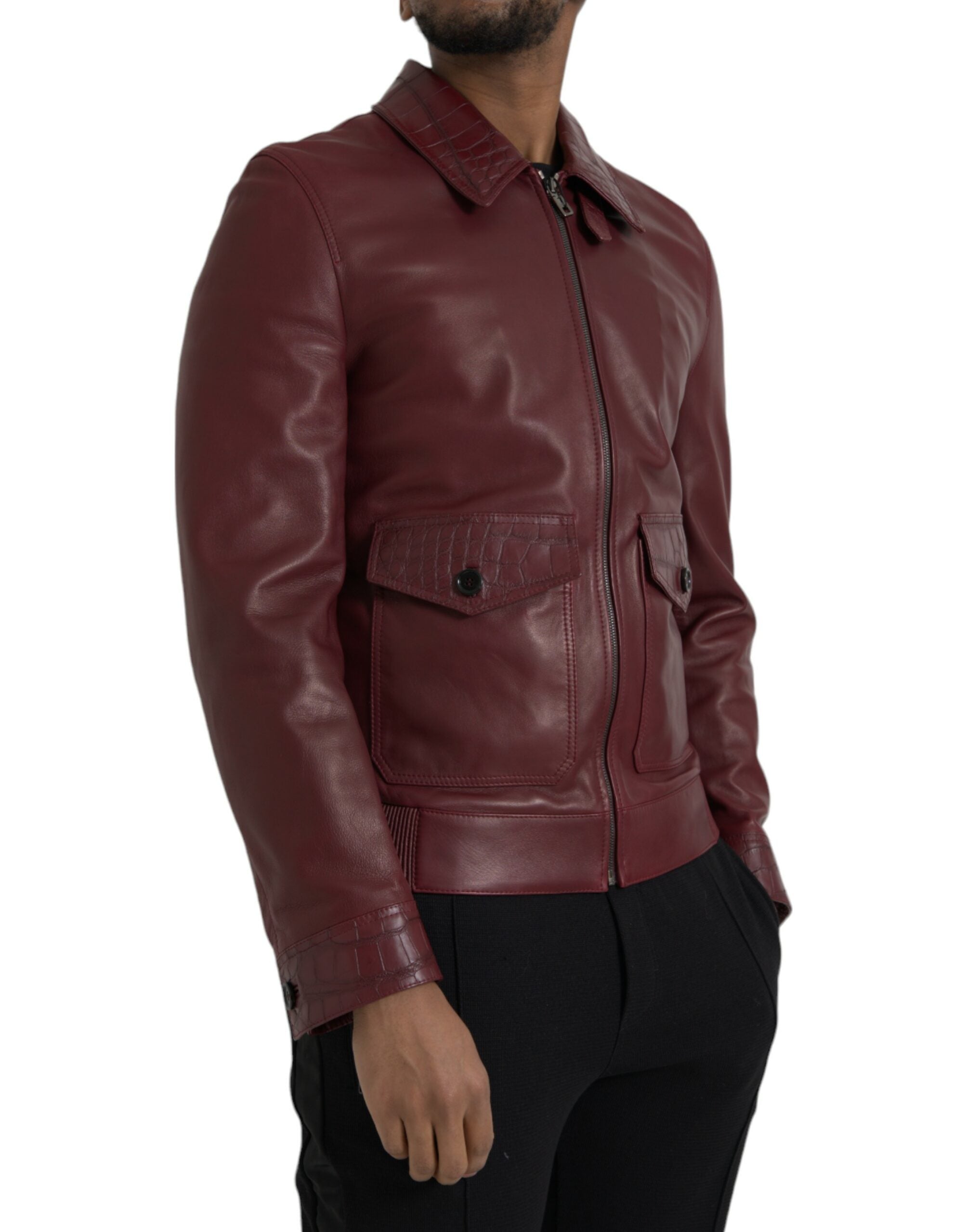 Dolce & Gabbana Maroon Exotic Leather Zip Biker Coat Men's Jacket
