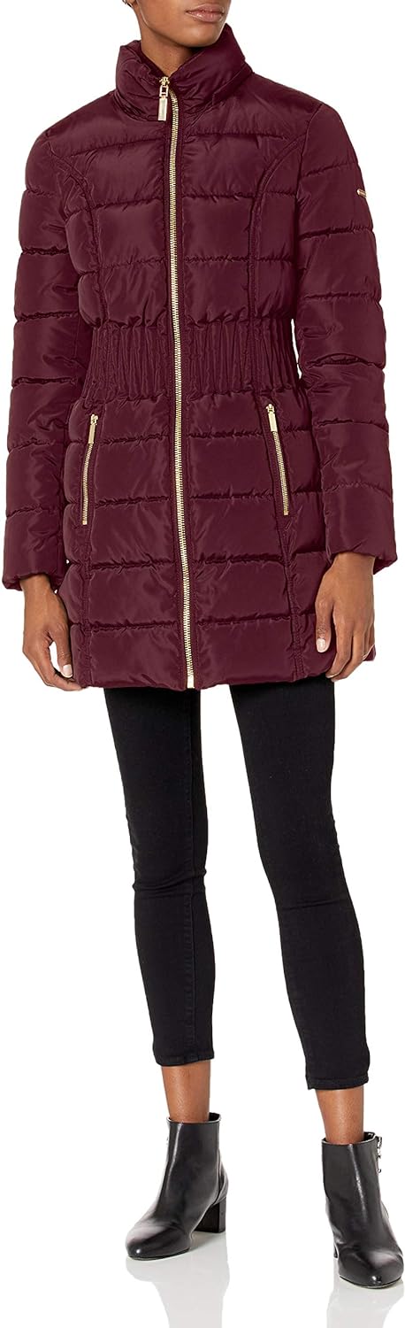 LAUNDRY BY SHELLI SEGAL Women's 3/4 Puffer With Zig Zag Cinched Waist and Faux Fur Trim Hood Jacket, Port Royal Coat