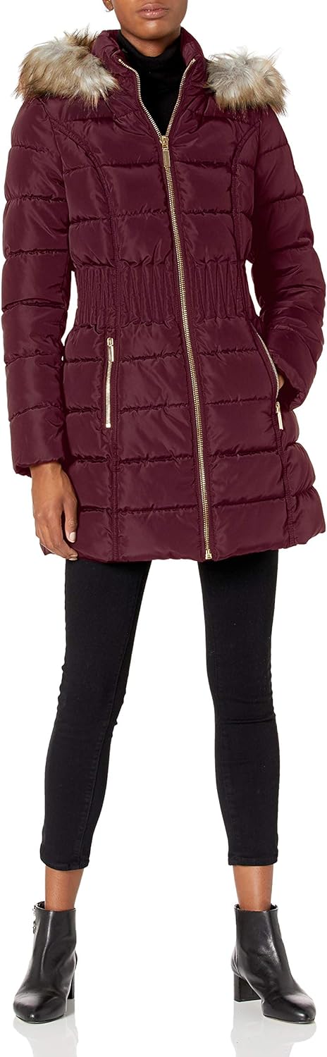 LAUNDRY BY SHELLI SEGAL Women's 3/4 Puffer With Zig Zag Cinched Waist and Faux Fur Trim Hood Jacket, Port Royal Coat Burgundy