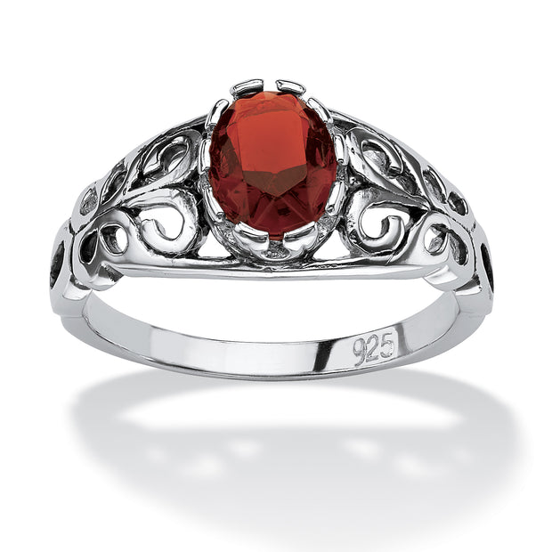 PalmBeach Jewelry Sterling Silver Oval Cut Simulated Birthstone Scroll Ring Sizes 5-10-January-Garnet