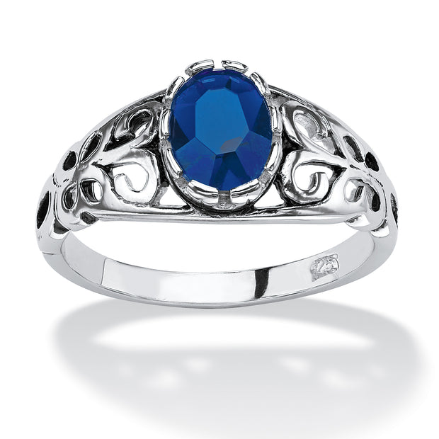 PalmBeach Jewelry Sterling Silver Oval Cut Simulated Birthstone Scroll Ring Sizes 5-10-September-Sapphire