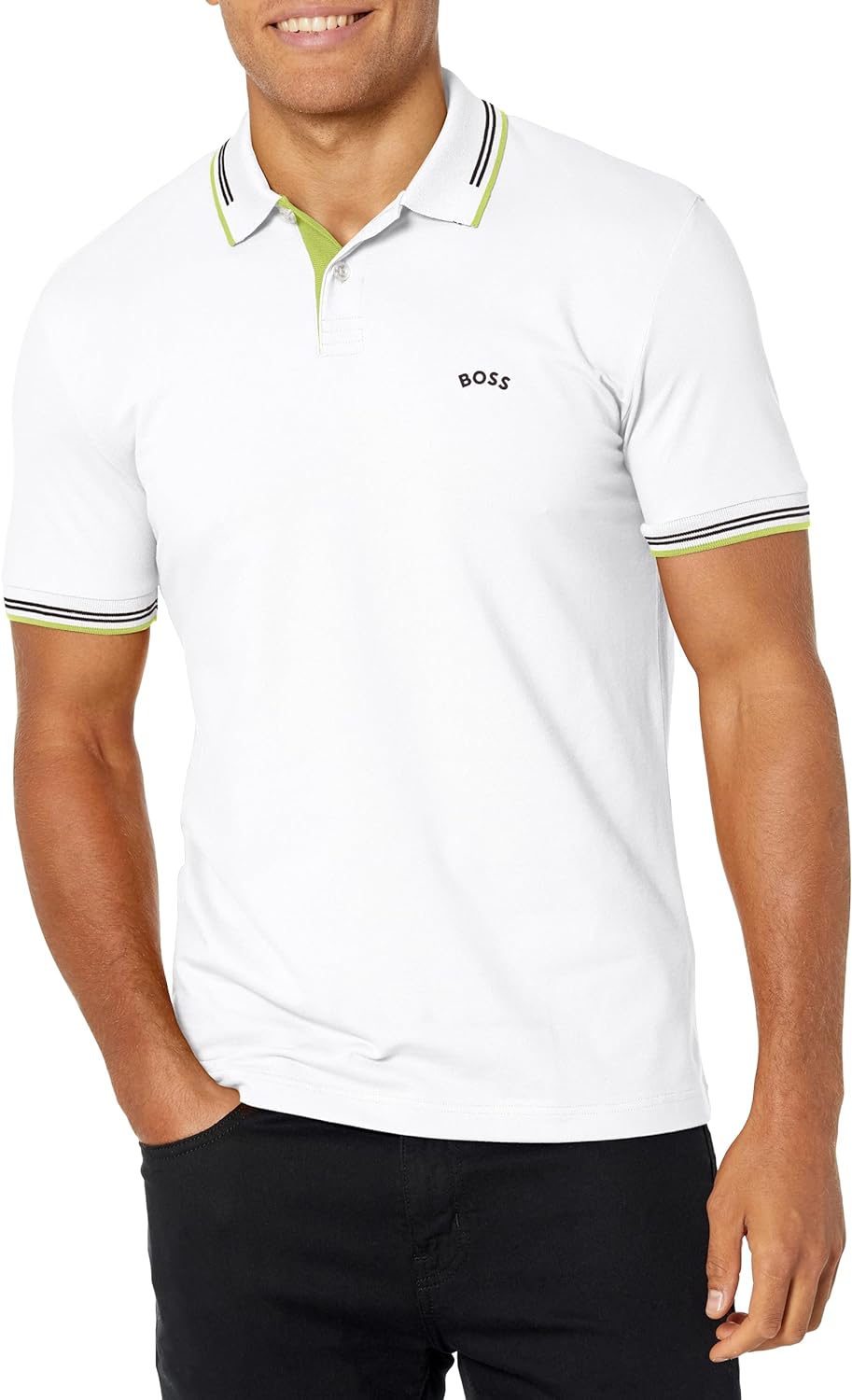 BOSS Men's Paul Modern Essential Polo, Blank White/Electric Lime1