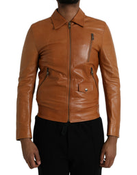 Dolce & Gabbana Brown Lamb Leather Full Zip Blouson Men's Jacket