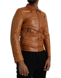 Dolce & Gabbana Brown Lamb Leather Full Zip Blouson Men's Jacket