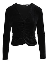 Veronica Beard Pelona Ruched Long-Sleeve Velvet Top, Black Black