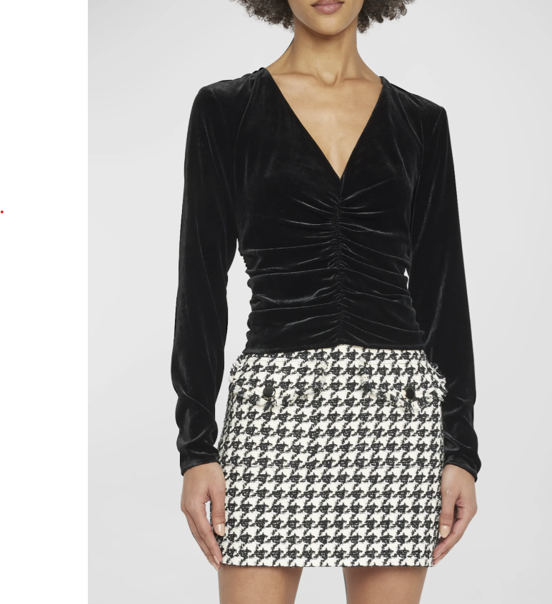 Veronica Beard Pelona Ruched Long-Sleeve Velvet Top, Black