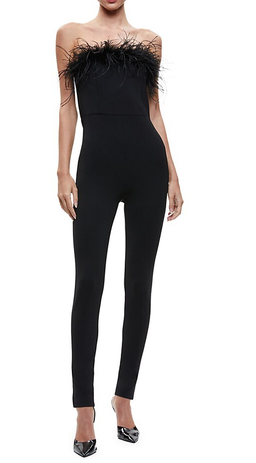 alice + olivia Idell Feather Trim Jumpsuit, Black
