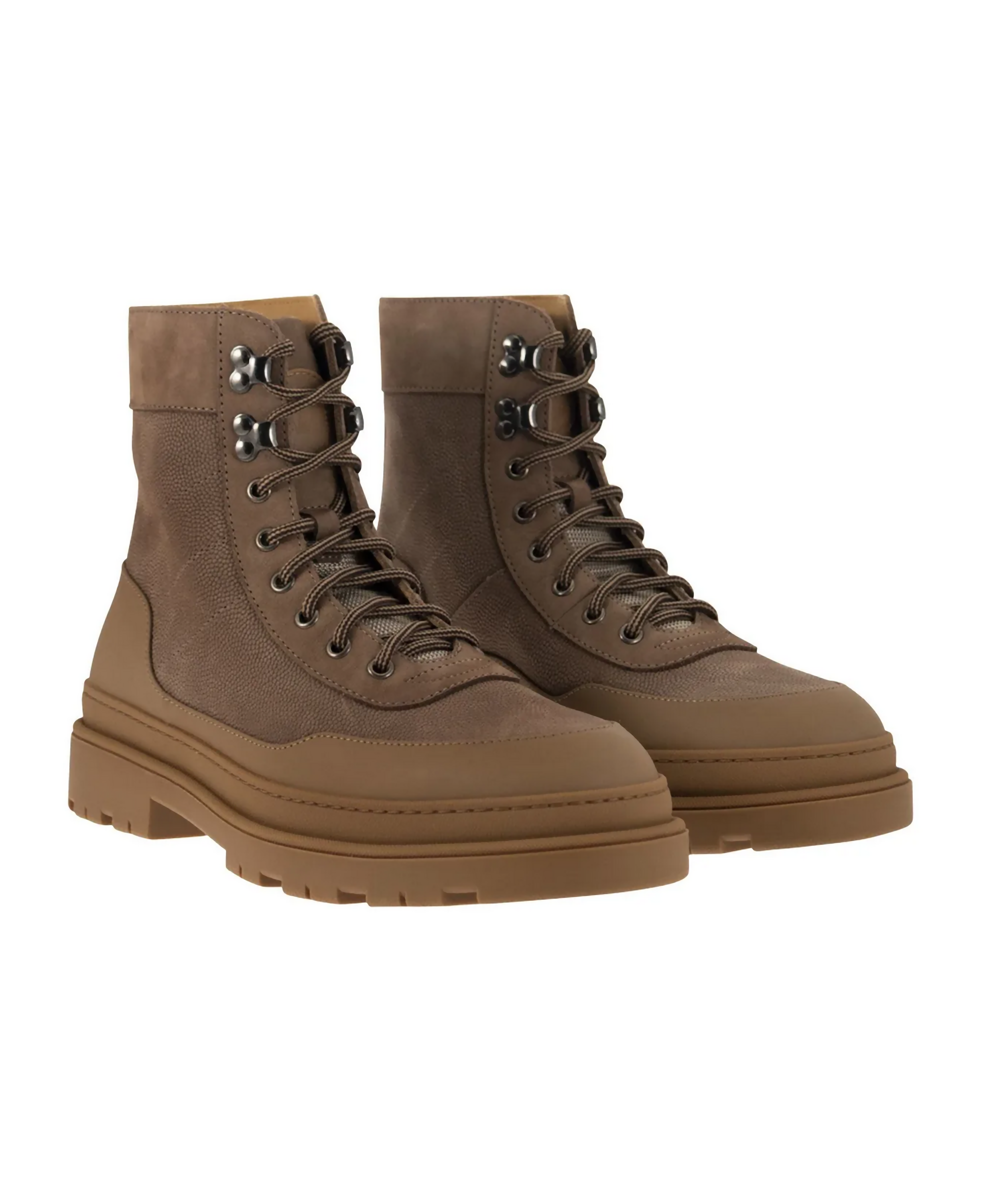 Brunello Cucinelli Grain Leather Suede Trim Lace-Up Combat Boots