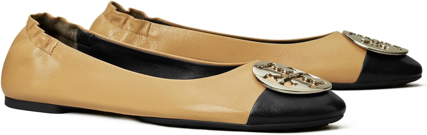 Tory Burch Women's Claire Cap-Toe Ballet Flat, Ginger Shortbread/Perfect Black Ginger Shortbread Perfect Black
