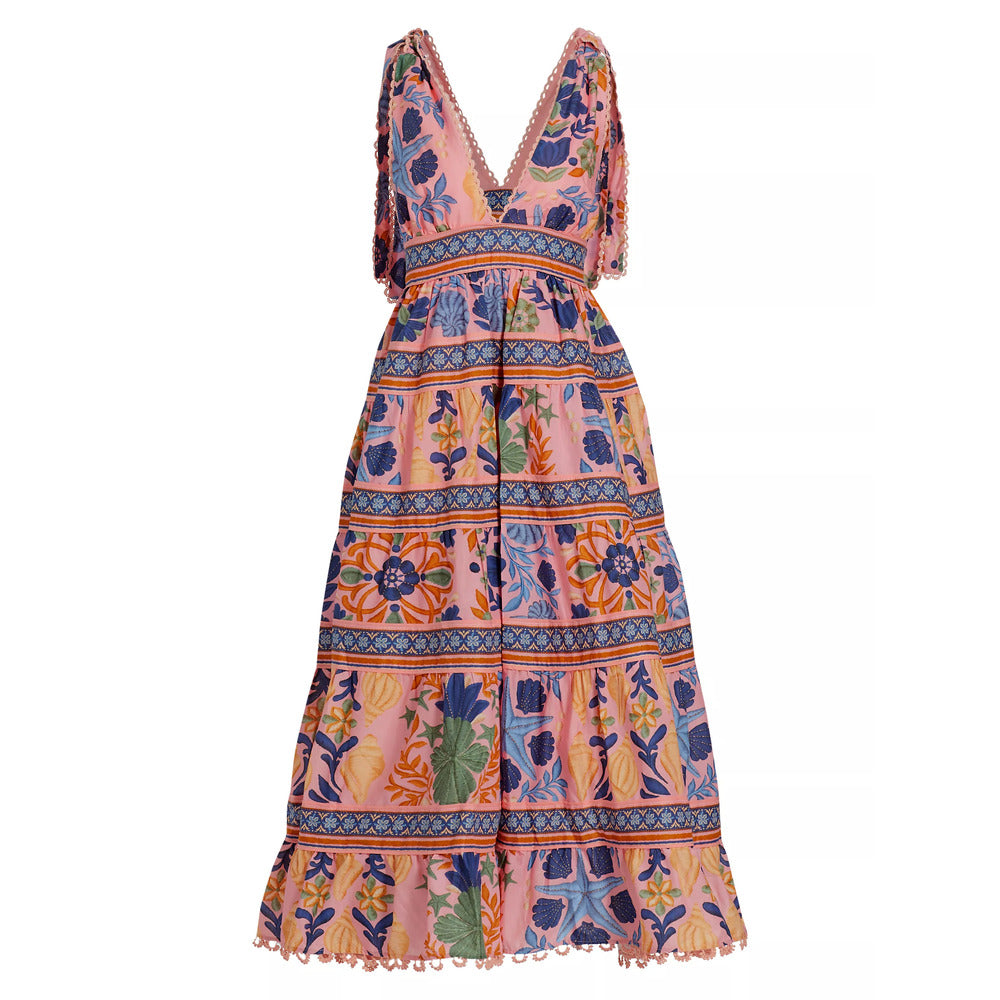 Farm Rio Women's Seashell Tapestry Tiered Midi Dress Seashell Tapestry Pink