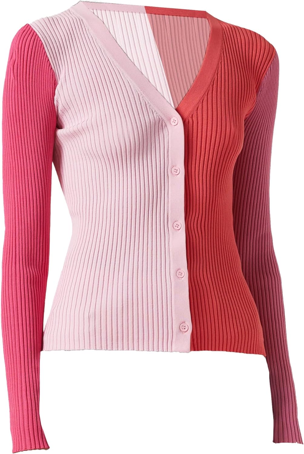 STAUD Women's Color Block Ribbed Knit V-Neck Cargo Sweater, Flamingo Multi Flamingo Multi
