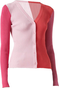 STAUD Women's Color Block Ribbed Knit V-Neck Cargo Sweater, Flamingo Multi Flamingo Multi