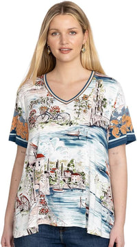 Johnny Was Janie Favorite Short Sleeve V Neck Swing Tee Shirt Top White Blue New Multicolor