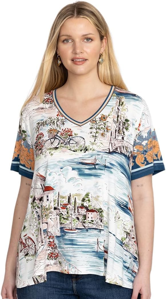 Johnny Was Janie Favorite Short Sleeve V Neck Swing Tee Shirt Top White Blue New Multicolor