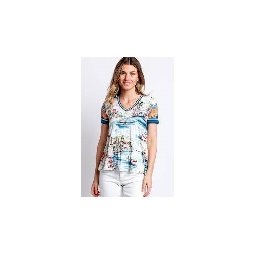 Johnny Was Janie Favorite Short Sleeve V Neck Swing Tee Shirt Top White Blue New