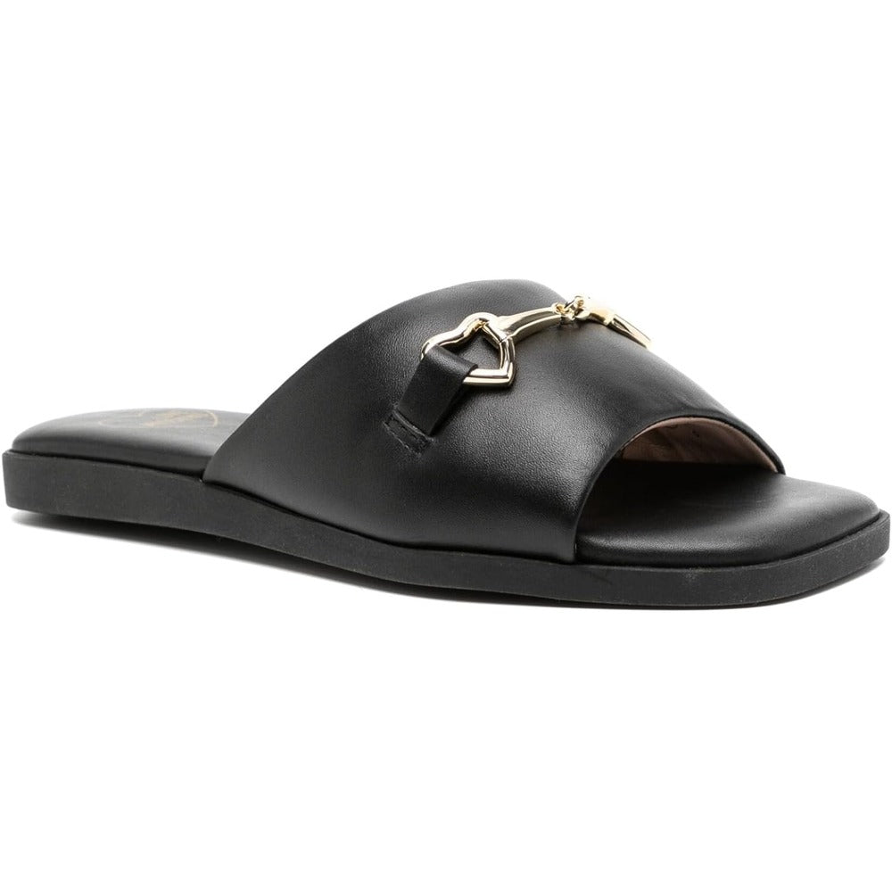 Love Moschino Women's Leather Slides with Heart Chain, Black Black