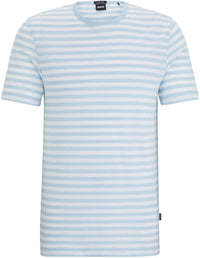 Hugo Boss Men's Tiburt 457 Striped Linen Short Sleeve Crew Neck T-Shirt, Light Blue/White Light Blue White
