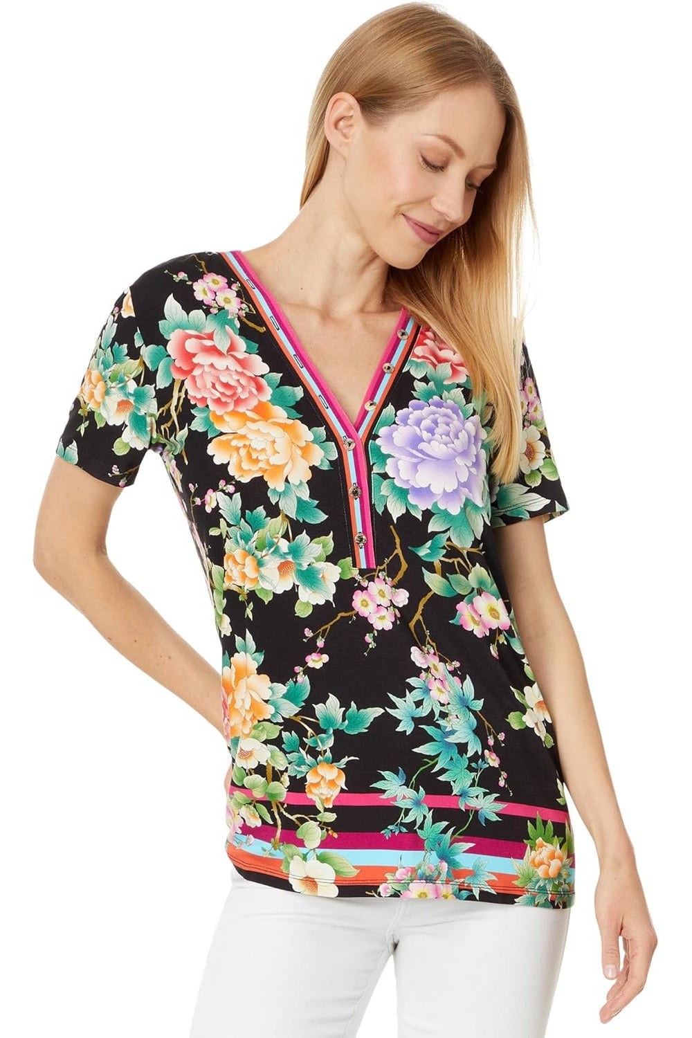 Johnny Was Women's The Janie Favorite Button Neck Tee-Le Jardin Short Sleeve V-Neck Multicolor