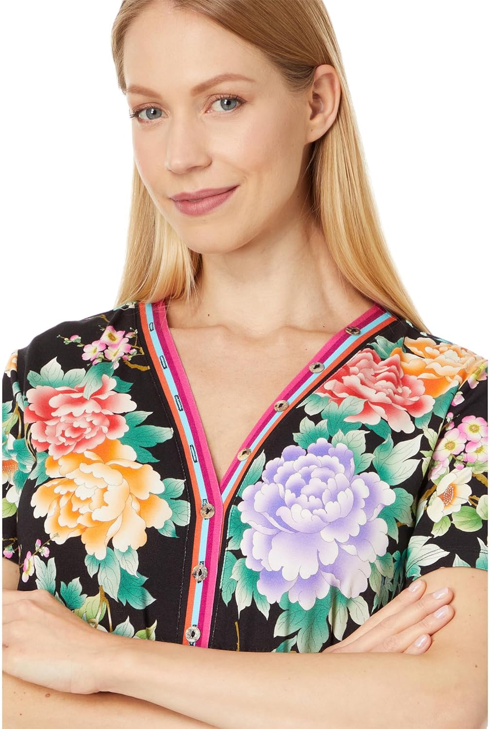Johnny Was Women's The Janie Favorite Button Neck Tee-Le Jardin Short Sleeve V-Neck