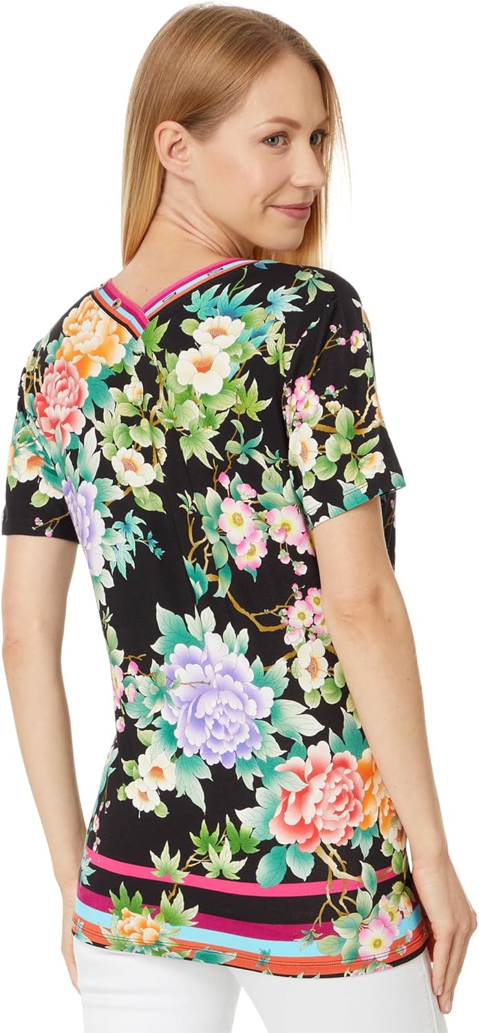 Johnny Was Women's The Janie Favorite Button Neck Tee-Le Jardin Short Sleeve V-Neck